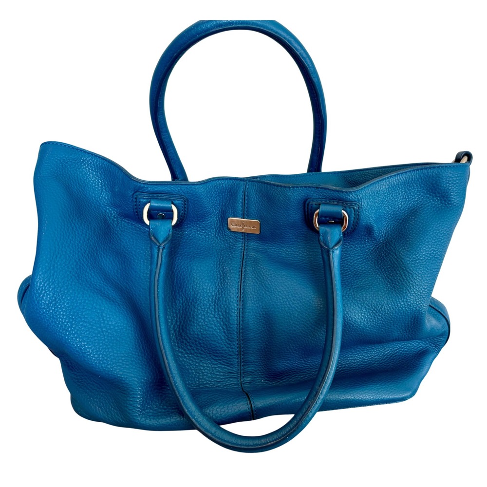 Cole Haan Teal Blue Pebbled Leather Tote Bag Gold Hardware Shoulder Bag